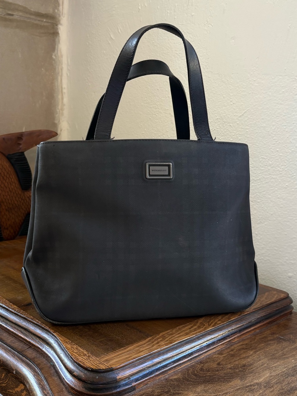 Burberry Black Check Pattern Shoulder Tote with Metal Logo Plaque